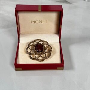 Vintage Monet Gold Toned Filigree Brooch Pin Faceted Brown Rhinestone 2 inch